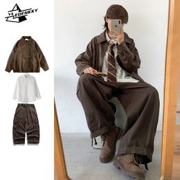 Retro Set Men Women Distressed Loose Motorcycle Leather Jacket Hip Hop Straight Cargo Pants Solid Color Casual Shirt Three-piece 240428