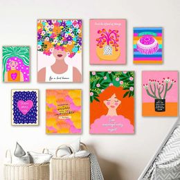 e Kind Girl Quote Poster Wall Art Print Abstract Pink Flower Canvas Painting Colorful Bohemian Living Room Home Decoration Picture J240505