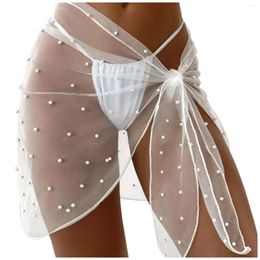 Thin Lace Women'S Bikini Cover Ups Beach Vacation Sheer Mesh Skirt With Pearl Beaded Up Tie Waist Half