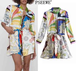 Pseewe Spring 2021 Za Print Mini -Hemdkleid Frauen Vintage Belt Langarm Kurzfrau Knopf Casual Kleider 2103249943564