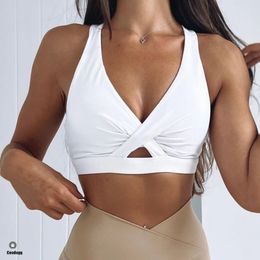 Plus size S-2XL cross back sports bra with pleated design fitness bra womens nude sports vest top sexy hollow sports vest 240430