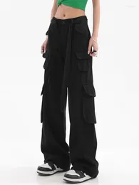 Women's Jeans Casual 2024 Trousers Bandage Solid Pockets Streetwear Harajuku Summer Loose Straight High Waist Wide Leg Pants