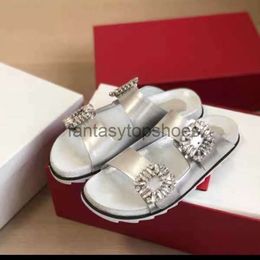 Channeles genuine CF RV double belt leather sandals for womens 2023 summer new square buckle rhinestone outer wear thick sole transparent silver slippers with flat