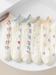 Women Socks 5 Pairs Cute Floral Print Cotton Short Women's Fashion Korea Casual Ankle For Comfortable Ladies 35-40