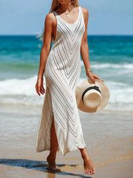 Basic Casual Dresses Yiiciovy Womens Beach Bikini Cover-Up Long Dress Beachwear Solid Color Slveless Closure Loose V-neck Dress Knitted Cover-Ups T240505