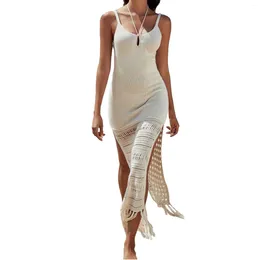 Casual Dresses Summer Swimwear Cover Ups Women Slim Fit Split Tassels Up Beach Long Boho Style Wrap Vintage Dress