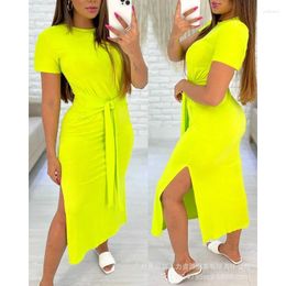 Party Dresses Wepbel Short Sleeve Bodycon Dress Women Solid Colour Waist Strap Side Slit Midi Sheath Knotted Casual