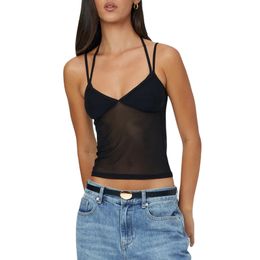 Women Camisole Sleeveless Vest Halter Top Backless Patchwork Slim Fit Summer Sheer Tops 240423