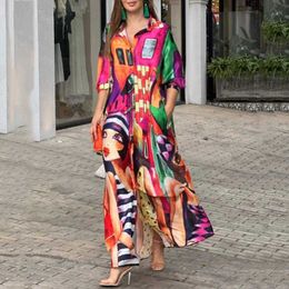 Basic Casual Dresses Women Long Maxi Dress Turn Down Neck High Waist Buttoned Abstract Figure Print Shirt Dress Button Casaul Loose Dress Vestidos T240505