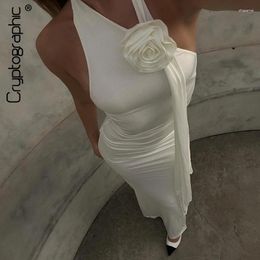 Casual Dresses Floral Applique Halter White Maxi Dress Club Party Sexy Backless Ruched Summer Fairy Elegant Outfits Robe