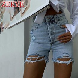 Women's Shorts Zekye Streetwear Ripped Denim Female Vintage Sexy Stretch Pockets High Waist Jean Women Y2K Casual Distressed 2024