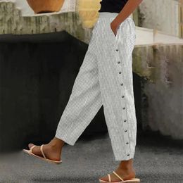 Women's Pants Summer Harem Stripe Elastic Waist Casual Button Female Loose Trousers Fashion Beach Ladies Bottom