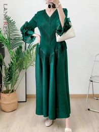 Casual Dresses LANMREM Tassel Pleated Dress For Women V-neck Butterfly Sleeve Solid Color Ruffles Long Fashion 2024 Clothing 2Z1051