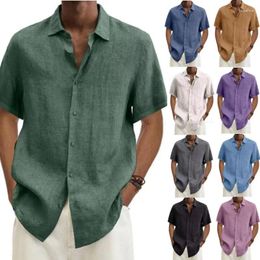 Men's Casual Shirts 2024 Summer V-neck Button Cotton Linen Solid Colour Fashion Short Sleeved Shirt For Men