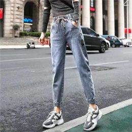 Pantaloni femminili jeans sciolti jeans elastico in vita 2024 primavera autunno in stile coreano alto dritto blu chiaro