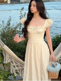 Party Dresses 2024 Summer Vintage Elegant Women Sweet Evening Midi Dress Female Fairy Flying Sleeve Lace Korean Fashion Robe
