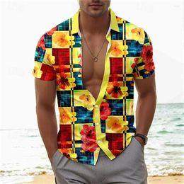 Men's Casual Shirts 2024 Summer Flower Plaid 3D Printed Polo Collar Shirt Fashion Hawaii Beach Leisure Comfortable Short Sleeved Clothing
