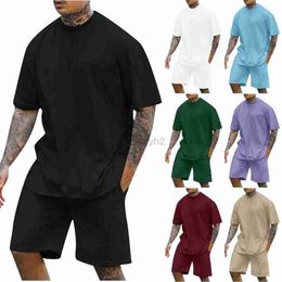 Men's Tracksuits streetwear New Men's Round Neck Drop Shoulder Short Sleeve T-shirt Top Shorts Two Piece Set Plus Size set