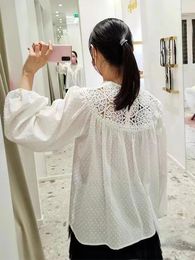 Women's Blouses Slimming Long Sleeved Top French Hollow Hook Flower Bubble Sleeve Shirt 24 Spring Loose Sweet Style Reduce Age