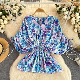 Women's Blouses Women Chic Ruffle Print Blouse Elegant Vintage Slim Korean Fashion Long Sleeve Summer Clothing