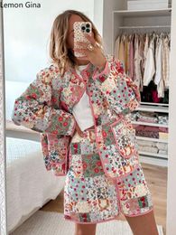 Work Dresses Lemon Gina Fashion Floral Women Zipper A-line Mini Skirt Suit And Button Parkas Jacket 2024 Winter Two 2