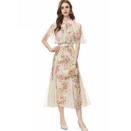 Women's Runway Dresses Stand Collar Off the Shoulder Printed Floral Ruffles Elegant Designer Maxi Vestidos