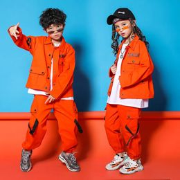 Jazz Costumes Orange Tooling Long Sleeve Jacket Pants Boys Street Dancing Clothes Hip Hop Dance Set Stage Dancewear Kids 240428