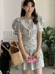 Party Dresses Vintage French Fashion Sleeve Floral Korean Dress Summer Kawaii High Waist O-neck Print Holiday Beach