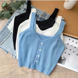 Women's Tanks Button Up Tank Top Sexy Knitted Crop Tops Y2K Women Sleeveless White Corset 2024 Summer Streetwear Solid Blue Camisole