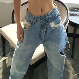 Women's Jeans Karrram Vintage Asymmetrical Waist Hole Straight Womens Loose Denim Pants 2024 Casual Wide Leg Streetwear Mom