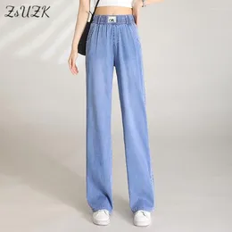 Women's Jeans ZUZK Summer Women Straight Style Wide Leg Elastic Waist Thin Loose Droop High Denim Long Pants Korean Casual