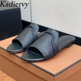 Slippers Flat Woman High Quality Genuine Leather Summer Shoes Peep Toe Slides Black White Brown Comfort Women