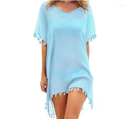 Spring Summer Women's Seaside Holiday Sunscreen Clothes Tassel Chiffon Beach Blouse Fashion Lady Thin Top Blue Shawl