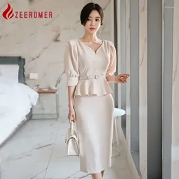 Party Dresses ZEEROMER 2024 Summer Fashion Temperament Office Lady Bodycon Pencil Dress Women V-Neck Puff Sleeve Ruffled Belt Slim