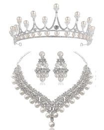 White Crystal Pearl Crown Earrings Necklace Jewellery Sets Bridal Wedding Jewellery Elegant Fashion Cubic Zirconia diamond jewelry1814595