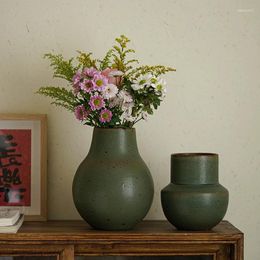 Vases Hand-Made Coarse Pottery Vase Retro Shadow Green Nature Flower Pot Creative Tabletop Floral Arrangement Decoration