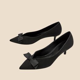 Black pointy thin-heeled bow high-heeled shoes professional working women upper suede bed formal dress graduation s 240429