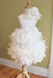 Spaghetti feather white bow beaded hand made flower ball gown cupcake toddler little girls pageant dresses flower girl for wedding3790856