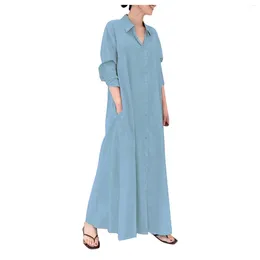 Casual Dresses Cotton Linen Solid Color Women's Lapel Long Sleeve Pocket Relaxed Dress Plus-size Maxi Shirt Vestido Robe