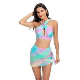 Women's Swimwear 2024 Women Swimsuit Summer Push Up 2 Piece Tankini Set High Waist Criss Cross With Cover Skirt Bathing Suit