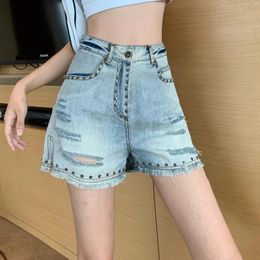 Women's Jeans Riveted 2024 Heavy Industry Pierced Shorts Girls Washed Button Old Boyfriend Pants Women