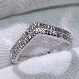 Double V Style Cute Luxury Jewellery 925 Sterling Silver Pave White Sapphire CZ Diamond Party New Female Wedding Band Ring For Lovers' Gift 232P