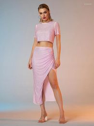 Work Dresses Sexy Diamonds 2 Piece Set Women Pink Diamond Short Sleeve Tops Long Slit Skirts Suits Elegant Evening Party Club Sets