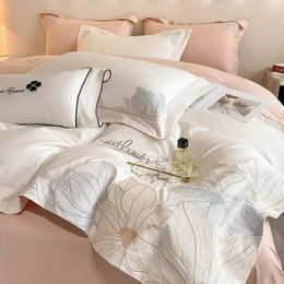 Embroidery 100% Cotton Bedding Set Luxury Home Textile Duvet Cover 220x240 High End Hepburn Style Skin Friendly Sets 240424