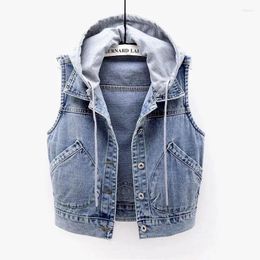 Women's Vests Fashion Hooded Vest Denim Waistcoat Spring And Autumn Korean Slim Short Jacket Casual Women Clothes Female Junior Outerwear