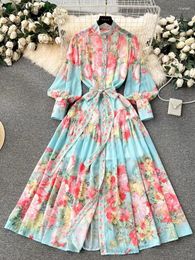 Casual Dresses Summer Gorgeous Flower Chiffon Clothing Women's Turtleneck Lantern Sleeve Single Breasted Lace Up Floral Print Loose Robe