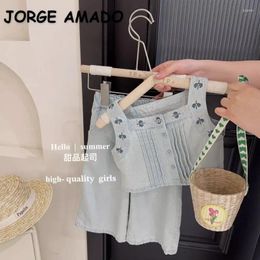 Clothing Sets Korean Style Summer Kids Girl Square Neck Sleeveless Embroidered Denim Vest Full-length Cowboy Wide Leg Trouser H1039