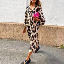 Casual Dresses 2024 Summer V-Neck Puff-Sleeve Dress Leopard Mid-Calf Skirt Pullover For Lady Party Commuting Office Streetwear