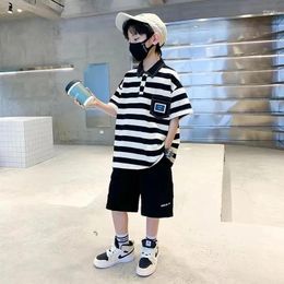 Clothing Sets Boys' Summer Set 2024 Children's Cotton Striped Short Sleeved T-shirt And Shorts 2-piece For Teenage Boys