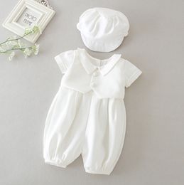 Infant boys christening rompers with hat 2pcs baby lapel short sleeve baptism jumpsuits newborn kids1st birthday climb clothing Z7972